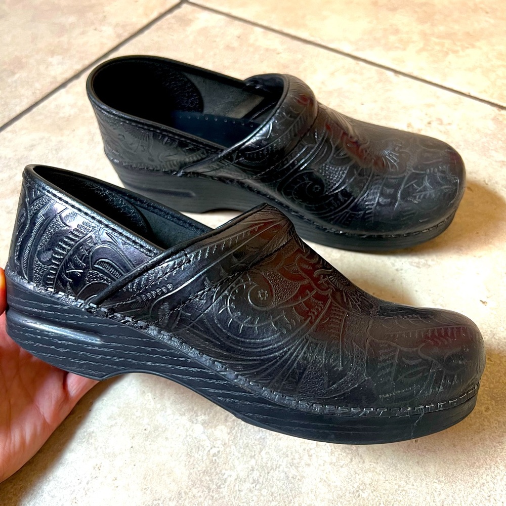 Dansko Clogs Black tooled embossed leather. Size 39
